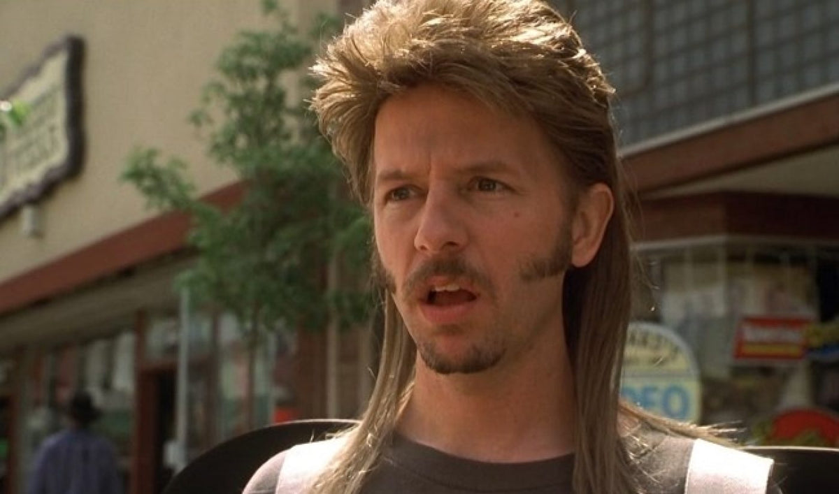 Joe Dirt, a fictional character from the movie of the same name, with a classic mullet hairstyle, mustache, and sideburns, wearing a surprised expression on his face.