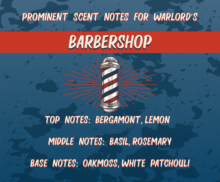 Barbershop scent profile with citrus and herbal notes on a blue camo background featuring a vintage barber pole