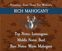 Rich Mahogany scent profile with lemongrass, basil, and mahogany notes on a brown camo background and stag artwork