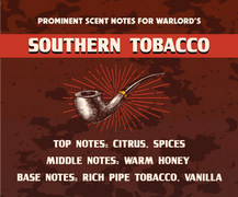 Southern Tobacco scent profile with citrus, warm honey, and tobacco notes on a brown camo background and smoking pipe art