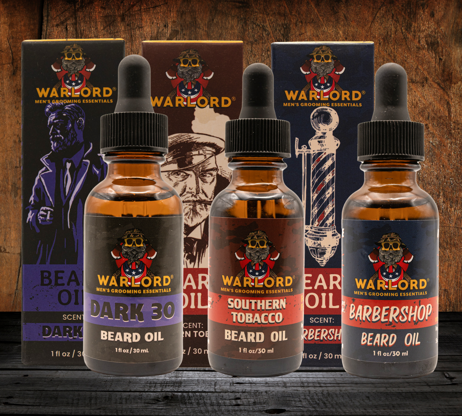 Warlord Beard Oil Command Bundle – Pick 3 premium beard oils, Dark 30, Southern Tobacco, and Barbershop, rugged scents for men who lead.