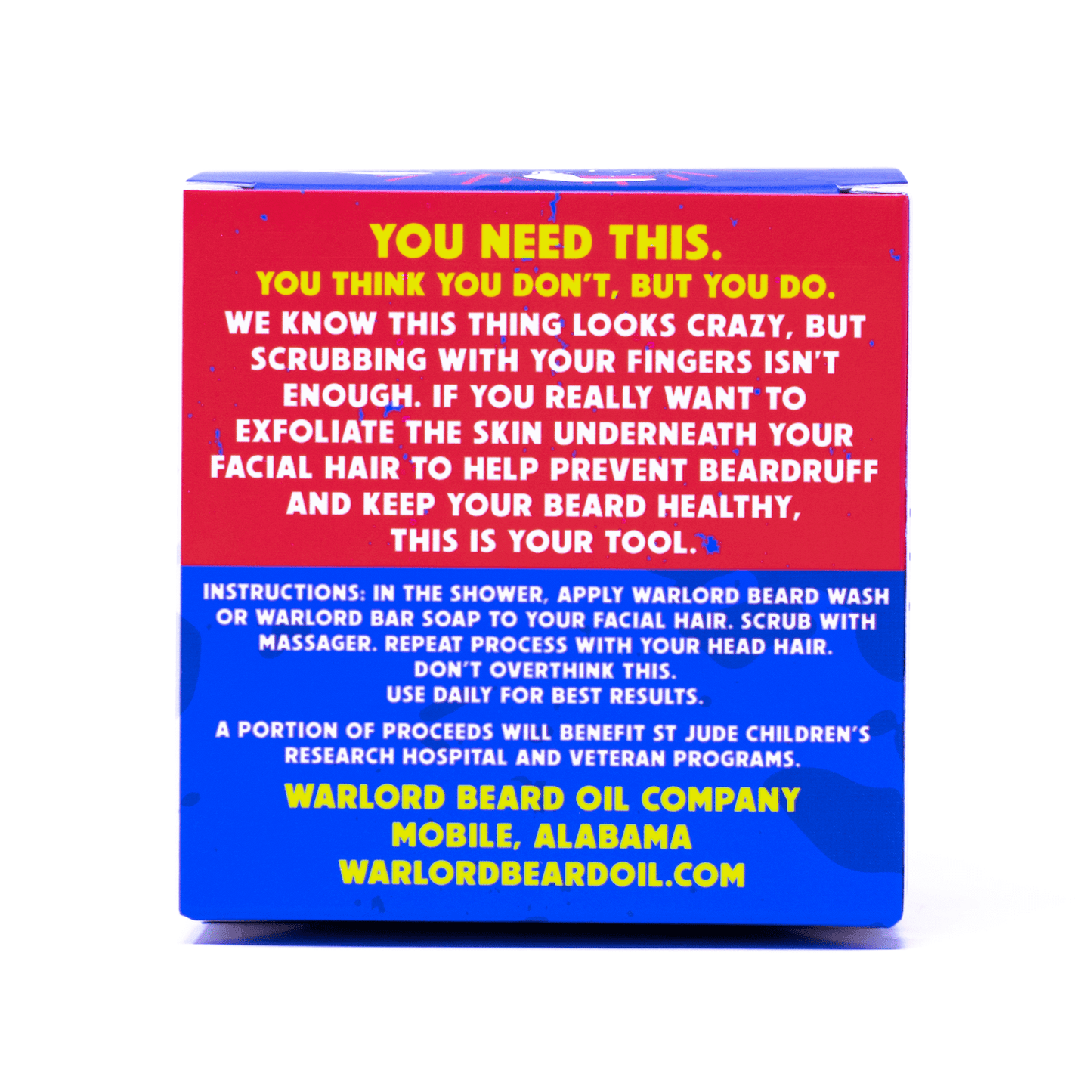 Warlord exfoliating beard and scalp massager box side label – product instructions and claims for men’s grooming, beard and scalp care.