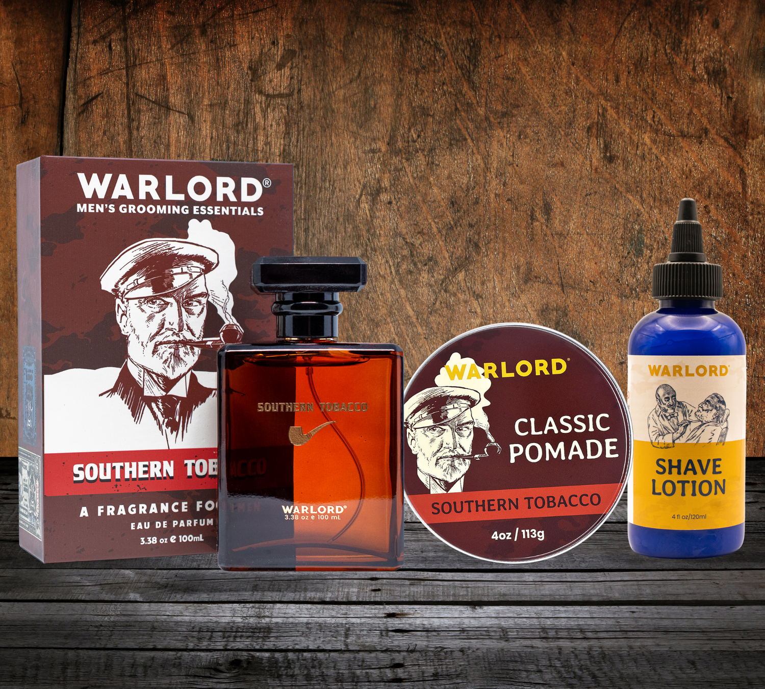 Warlord Finish Bundle – Southern Tobacco cologne, classic pomade, and shave lotion for men. Bold scents, clean shave, and strong hold.