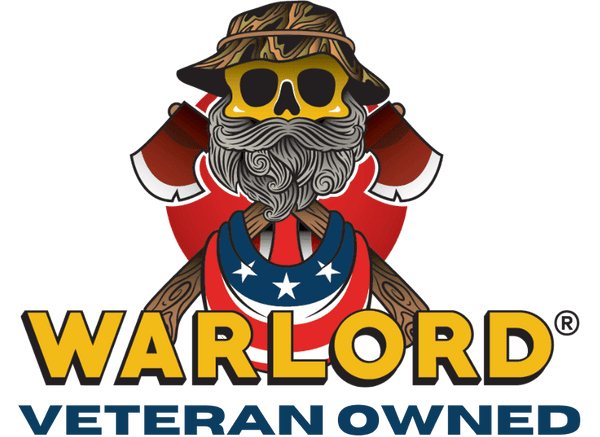 Warlord Men’s Grooming Essentials logo – veteran-owned men’s grooming brand, rugged bearded skull with axes and American flag bandana.