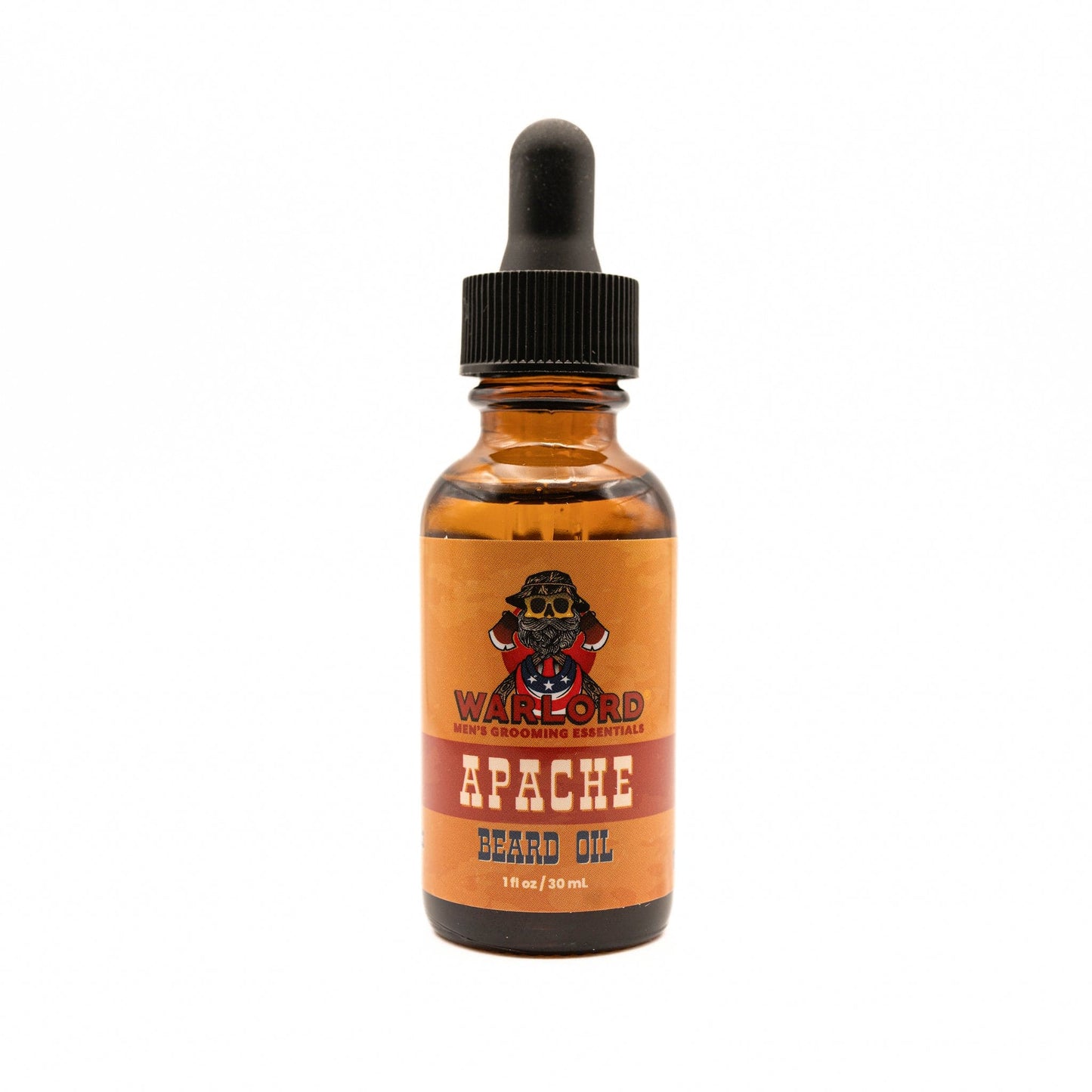 Warlord natural Apache beard oil bottle – natural beard oil for men, rugged outdoors fragrance, bold masculine grooming.