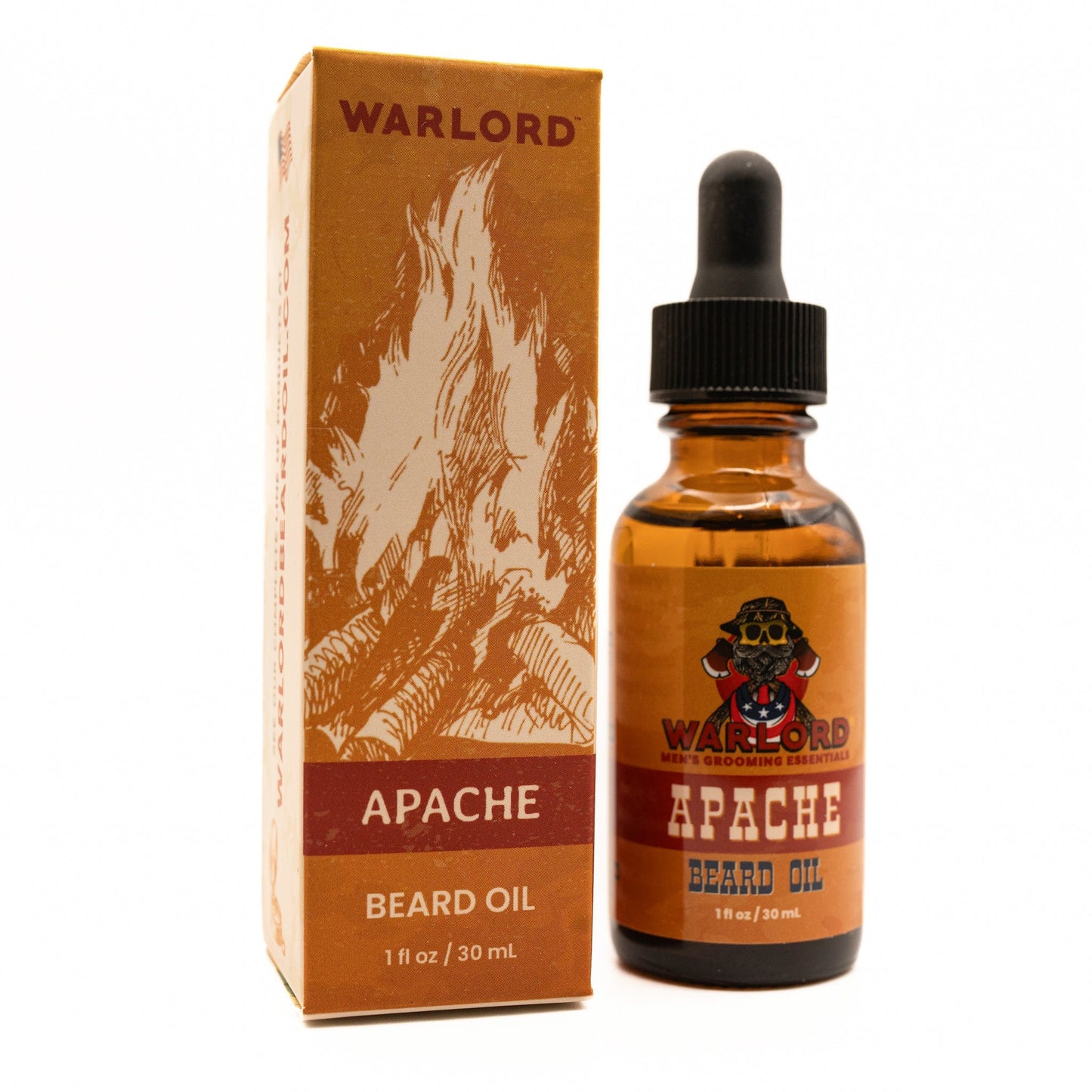 Warlord natural Apache beard oil box and bottle – natural beard oil for men’s grooming, rugged outdoors scent, premium conditioning.