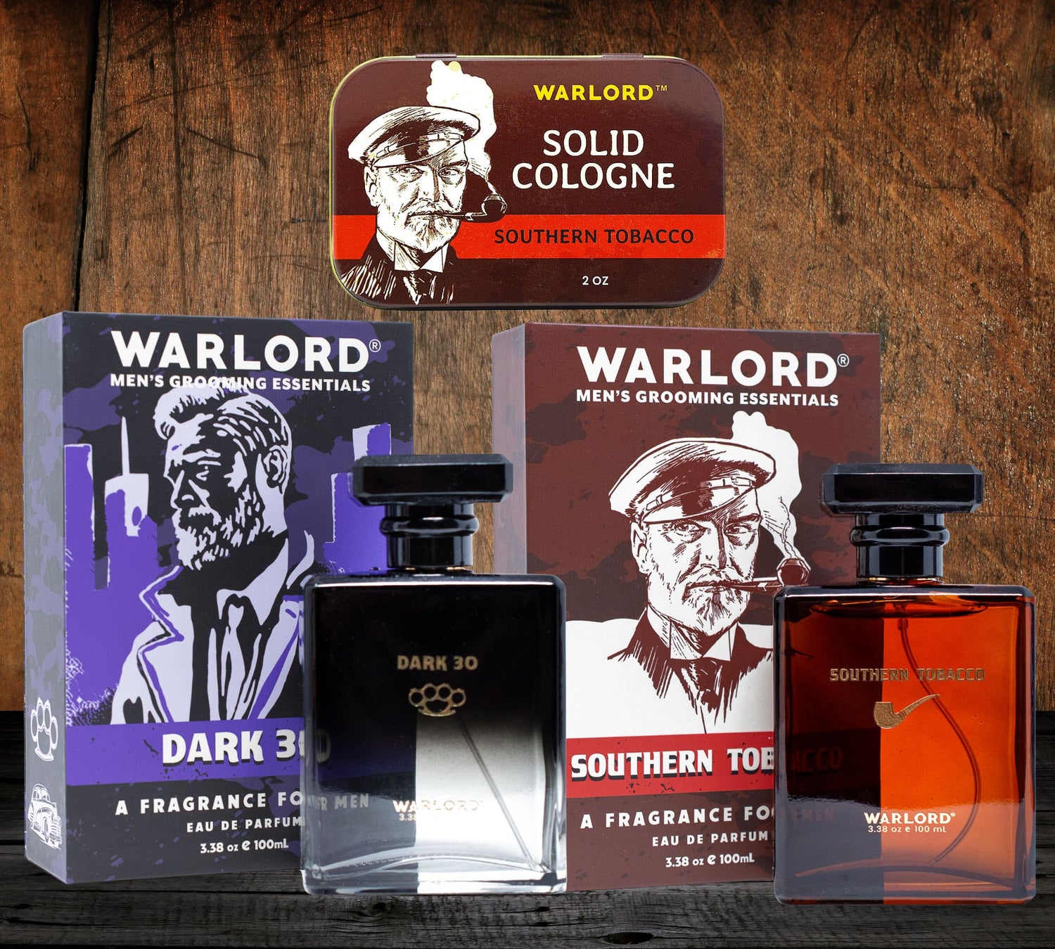 Warlord Signature Scent Bundle – Dark 30 and Southern Tobacco colognes plus solid cologne. Rugged scents built for men who lead.