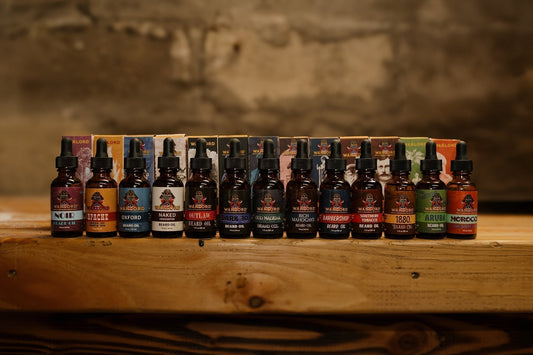 A rugged display of Warlord beard oil lined up on a wooden shelf—tools for men committed to personal growth and grooming excellence.