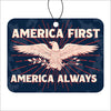 Decorative sign with an eagle and 'America First, America Always' text on a dark blue background.