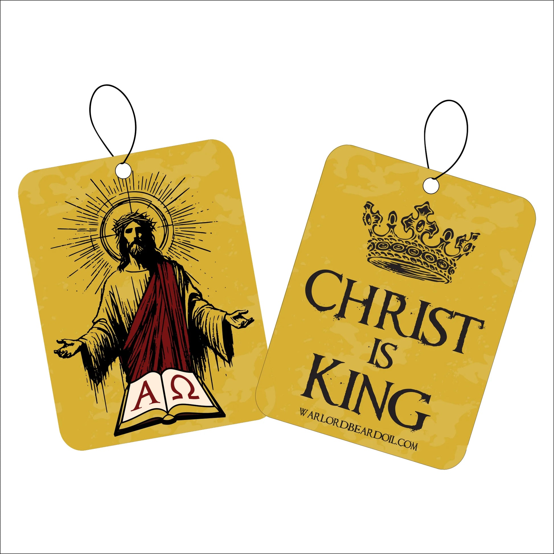 Two yellow tags with religious designs and text that says Christ is King on a white background.
