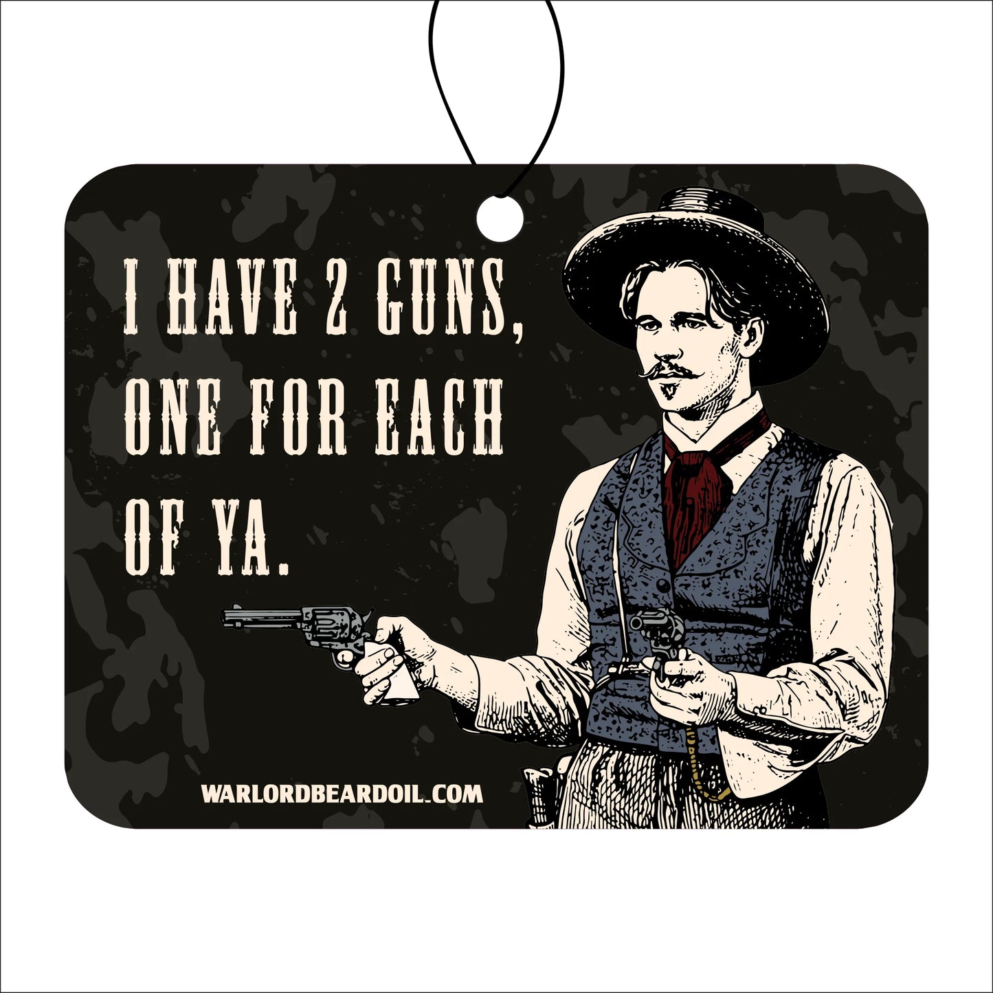 Vintage-style illustration of a man with a gun and text on a black background, featuring the brand 'Warlordbeardoil.com'. Doc Holiday.