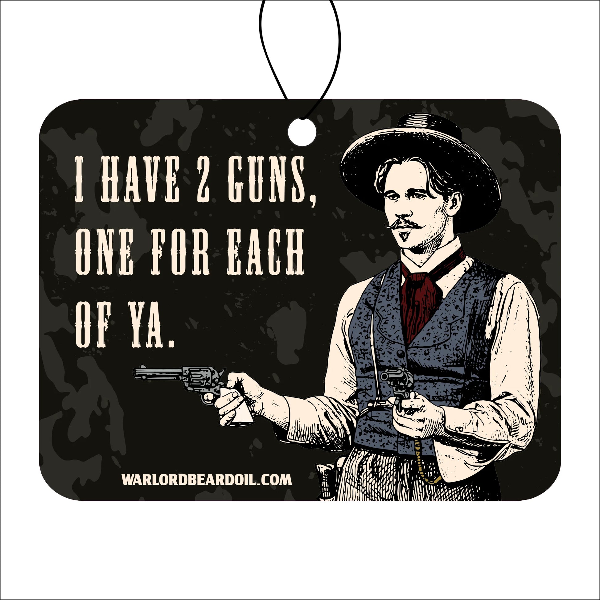 Vintage-style illustration of a man with a gun and text on a black background, featuring the brand 'Warlordbeardoil.com'. Doc Holiday.