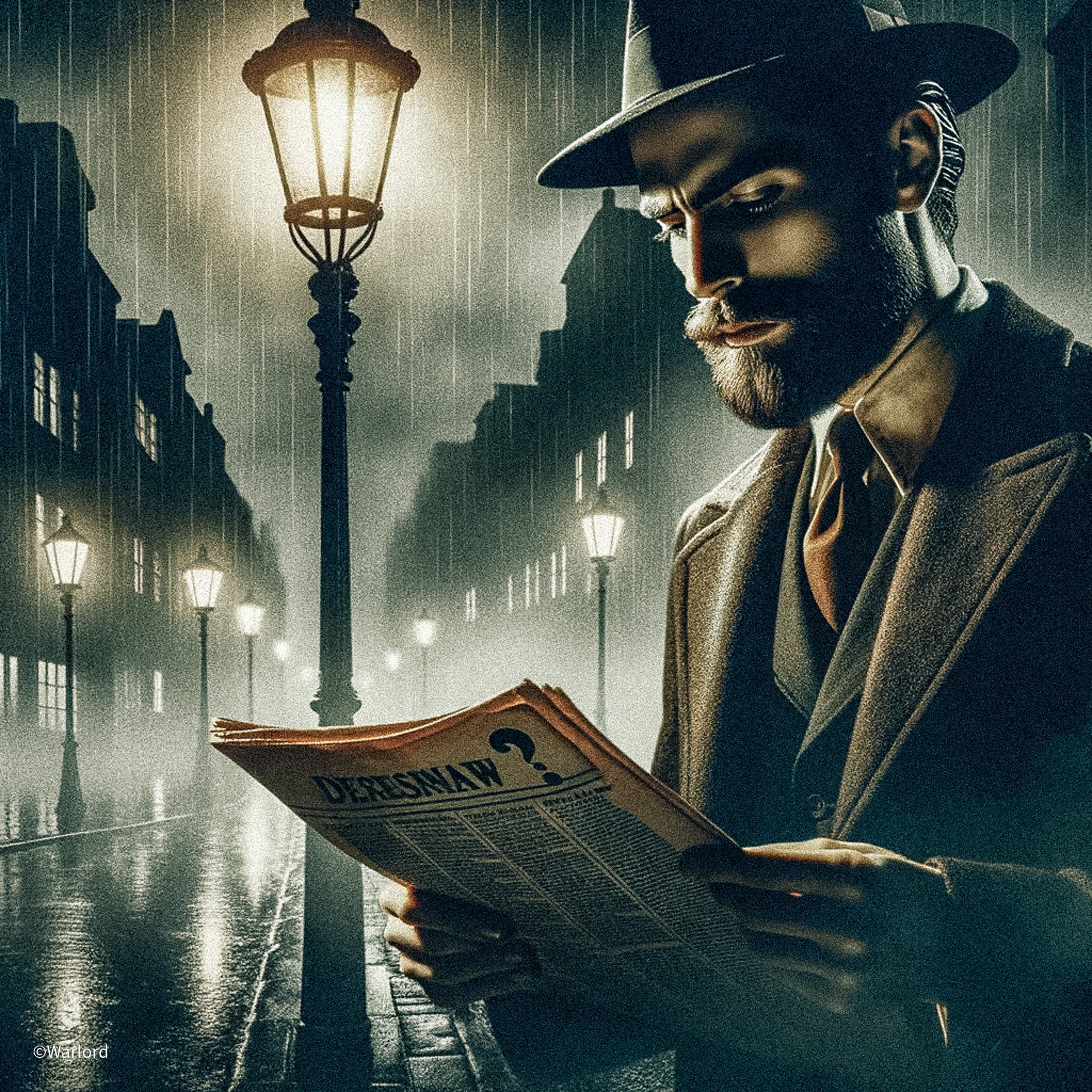 1940s-style illustration of a contemplative bearded man in classic film noir attire, standing under a streetlight on a misty night. He's intently reading a newspaper with a bold question mark headline, suggesting intrigue, set against a detailed backdrop of vintage buildings and rain-soaked streets