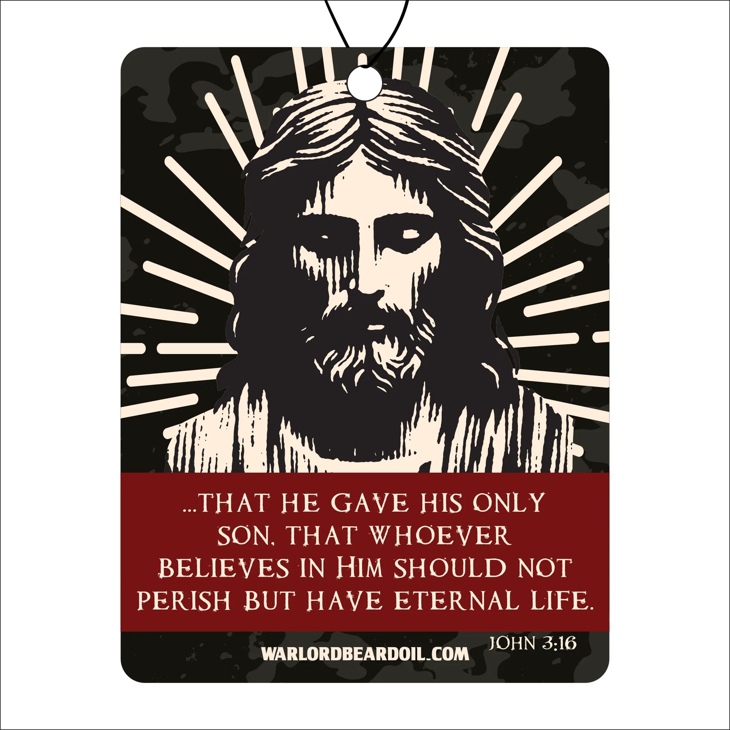 Decorative sign with a black and white illustration of a bearded figure and a red text box with a biblical quote, featuring the Warlord Beard Oil logo. John3:16.