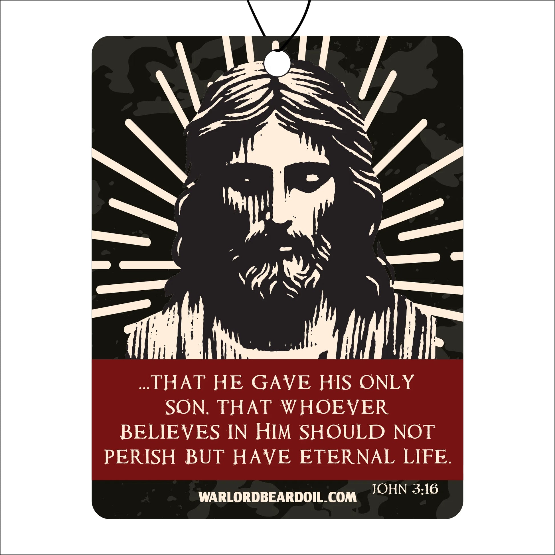 Decorative sign with a black and white illustration of a bearded figure and a red text box with a biblical quote, featuring the Warlord Beard Oil logo. John3:16.