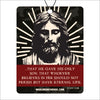 Decorative sign with a black and white illustration of a bearded figure and a red text box with a biblical quote, featuring the Warlord Beard Oil logo. John3:16.
