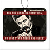 Metal sign with a man smoking a cigar and text about action and violence, featuring the brand 'Warlord Beard Oil'. Wyatt Earp.