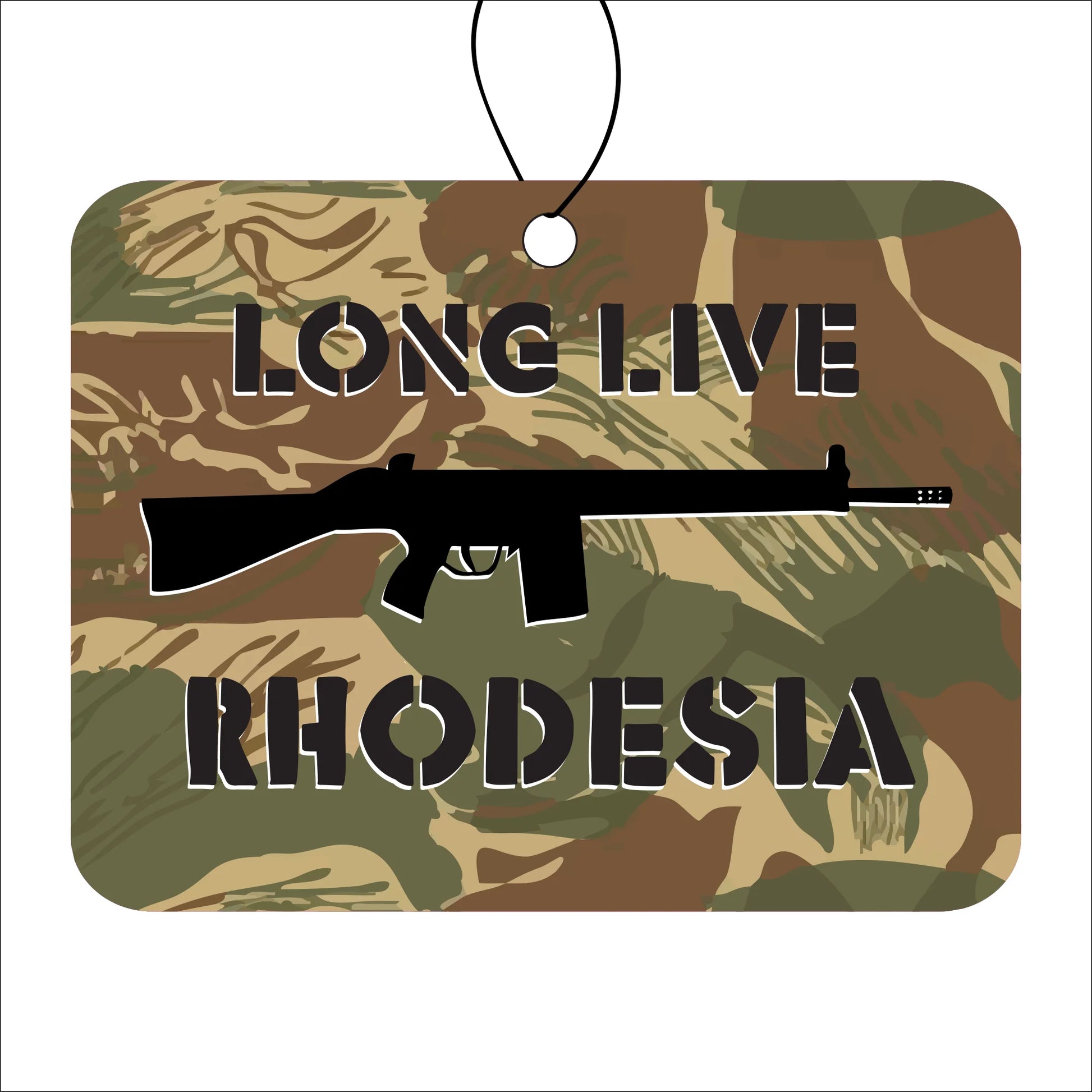 Rhodesian Brushstroke camouflage tag with 'Long Live Rhodesia' text and rifle graphic on a white background