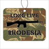 Rhodesian Brushstroke camouflage tag with 'Long Live Rhodesia' text and rifle graphic on a white background