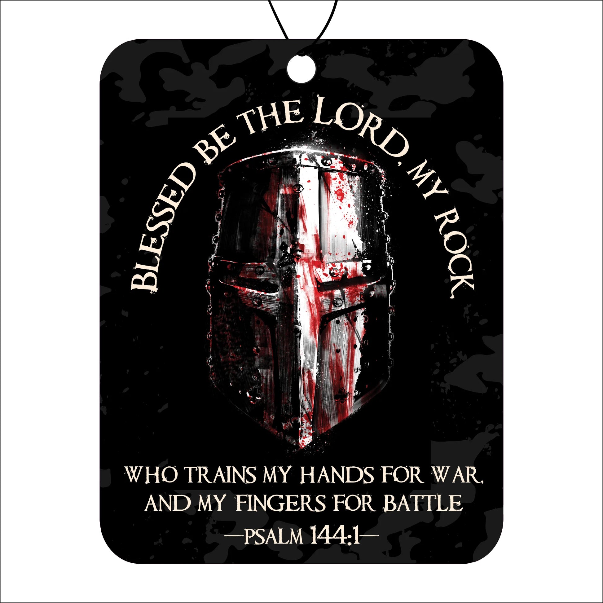 Decorative metal sign with a helmet design and Psalm 144:1 text on a black background