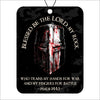 Decorative metal sign with a helmet design and Psalm 144:1 text on a black background