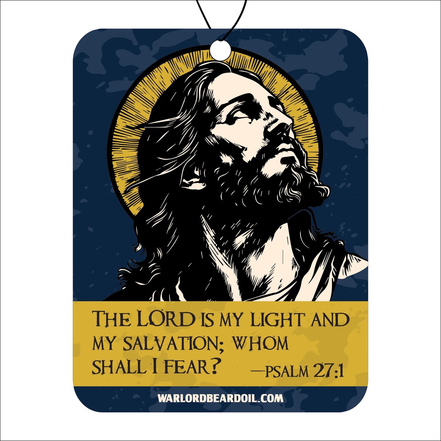 Decorative sign with a stylized illustration of a bearded figure and Psalm 27:1 text on a blue background.
