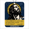 Decorative sign with a stylized illustration of a bearded figure and Psalm 27:1 text on a blue background.