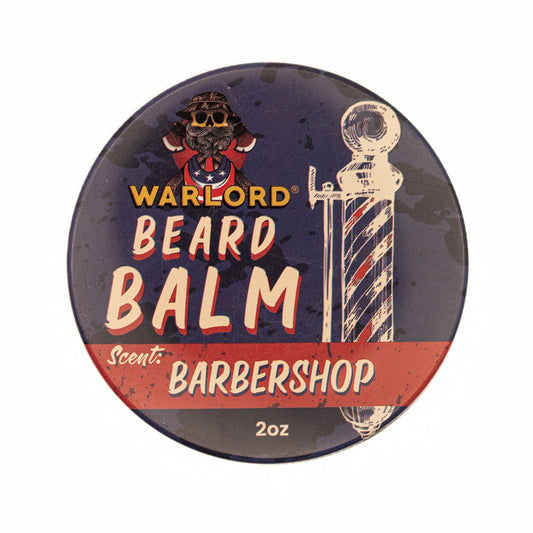 Front label of Warlord Barbershop Beard Balm tin with vintage barber pole and bold red scent label.
