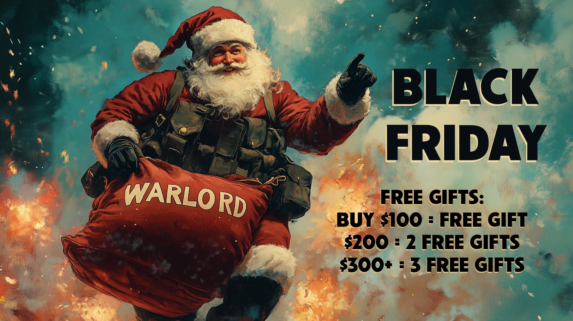 Santa Claus in a warrior outfit with a 'Warlord' bag, surrounded by flames, on a Black Friday promotional background.