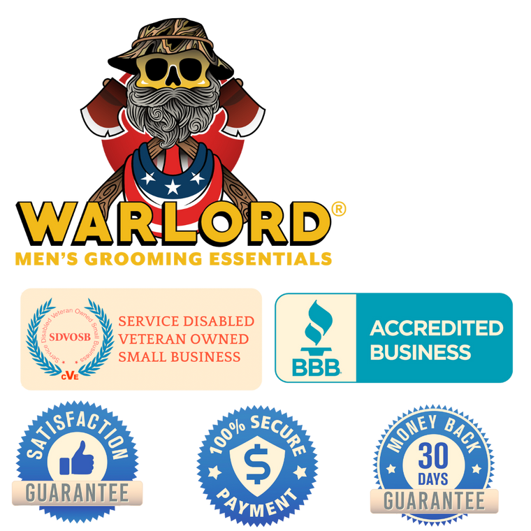 Footer image featuring Warlord logo, Service Disabled Veteran Owned Small Business emblem, Better Business Bureau Accredited Business badge, Satisfaction Guarantee seal, 100% Secure Payment icon, and 30-Day Money-Back Guarantee insignia - Trust and Quality by Warlord Grooming.