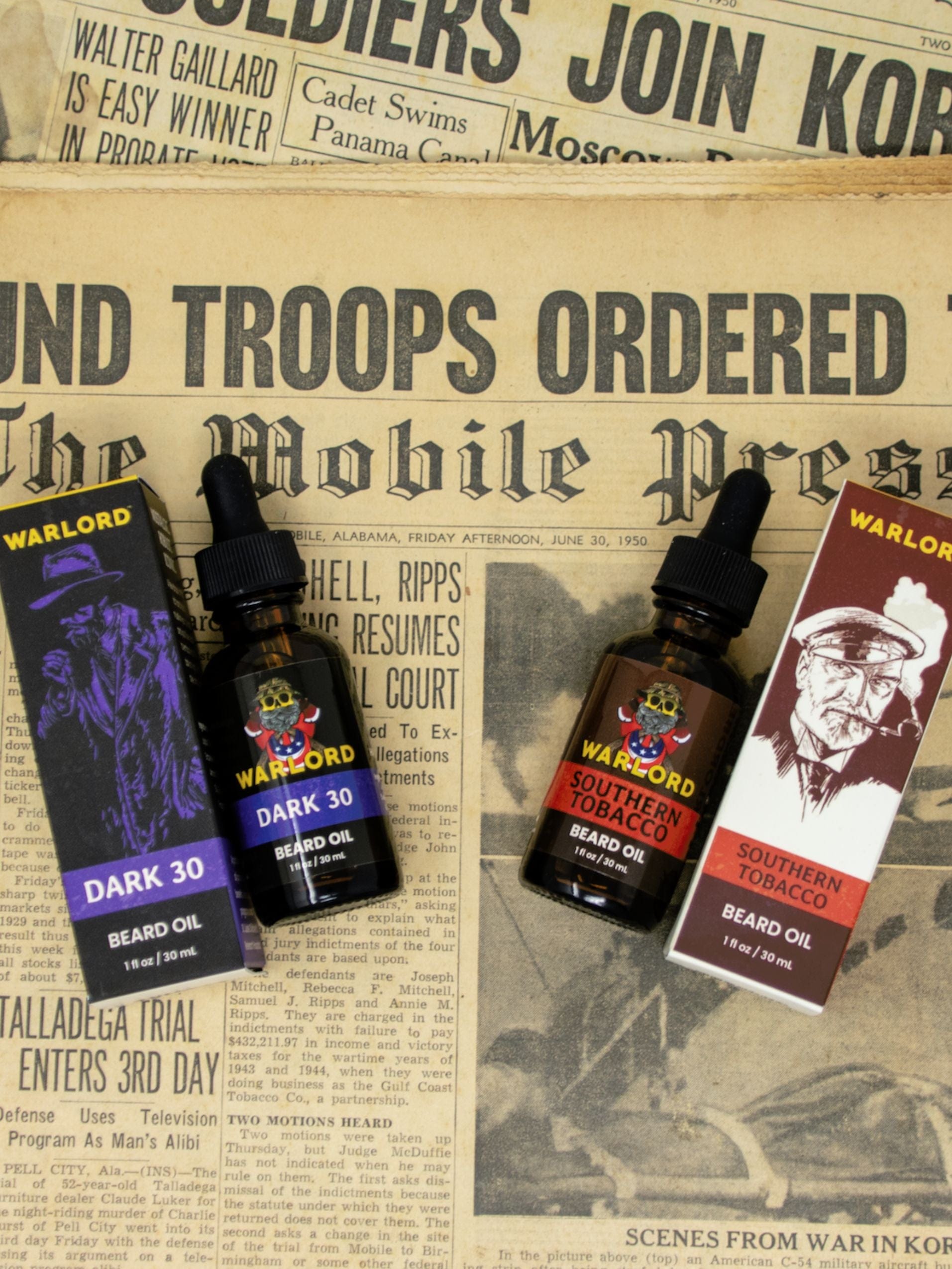Southern Tobacco and Dark 30 Beard Oil lying on a newspaper from 1950.