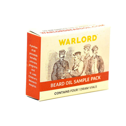 Warlord beard oil sample pack – men’s grooming set with four 1-dram vials of beard oil, classic vintage packaging.