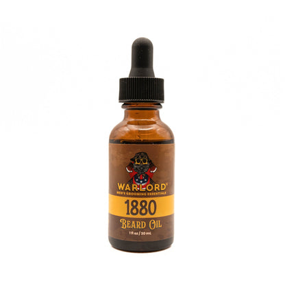 Warlord natural 1880 beard oil bottle – natural beard oil for men, premium grooming, vintage masculine scent.