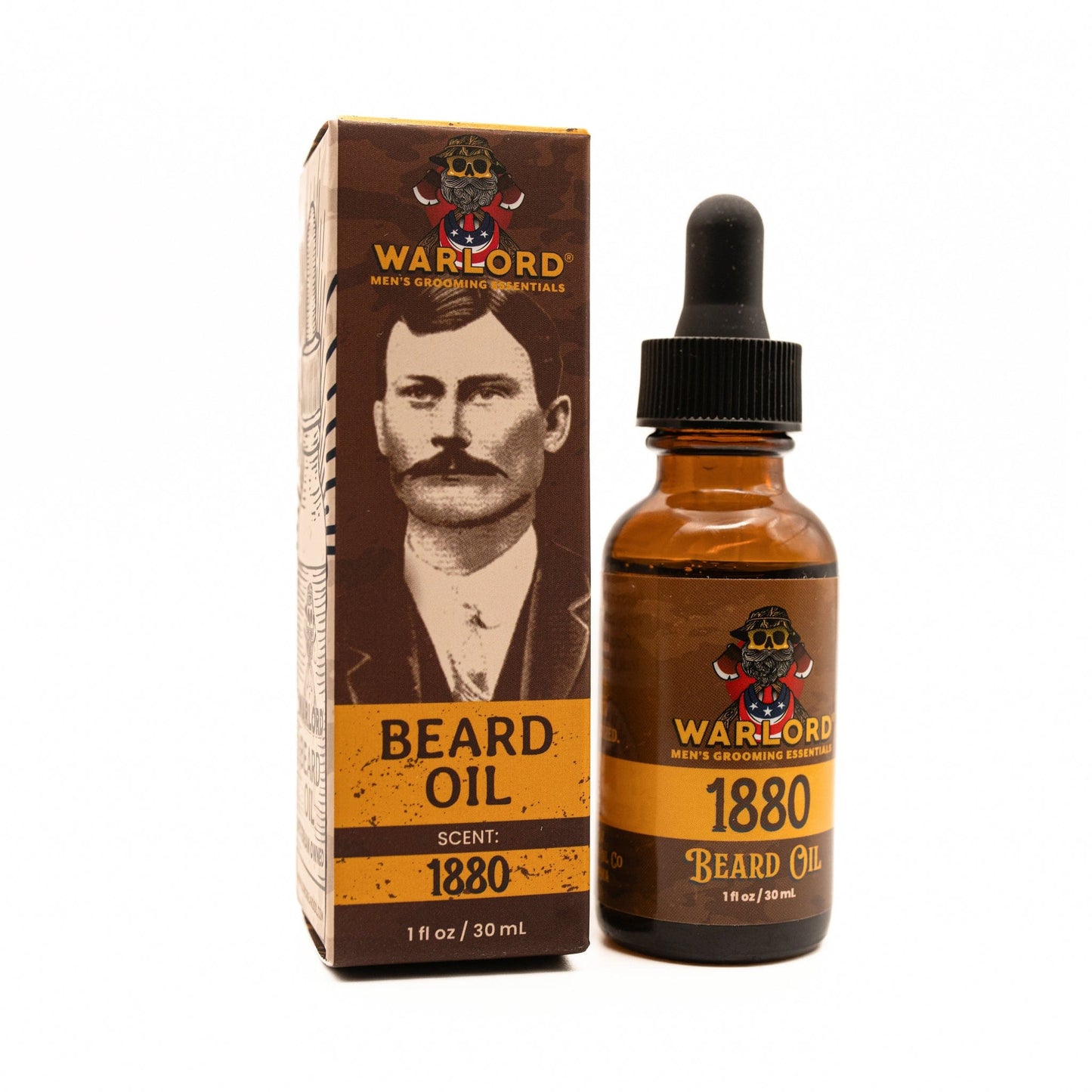 Warlord natural 1880 beard oil box and bottle – natural beard oil for men’s grooming, premium conditioning, vintage masculine scent.