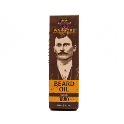 Warlord natural 1880 beard oil box – natural beard oil packaging for men’s grooming, vintage masculine style.