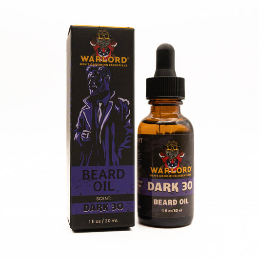 Warlord natural Dark 30 beard oil box and bottle – natural beard oil for men’s grooming, premium conditioning, bold masculine scent.