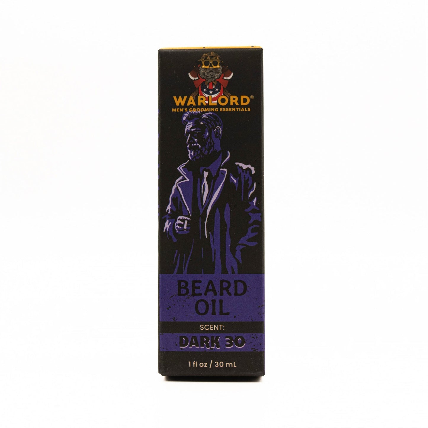 Warlord natural Dark 30 beard oil box – natural beard oil packaging for men’s grooming, premium masculine scent.