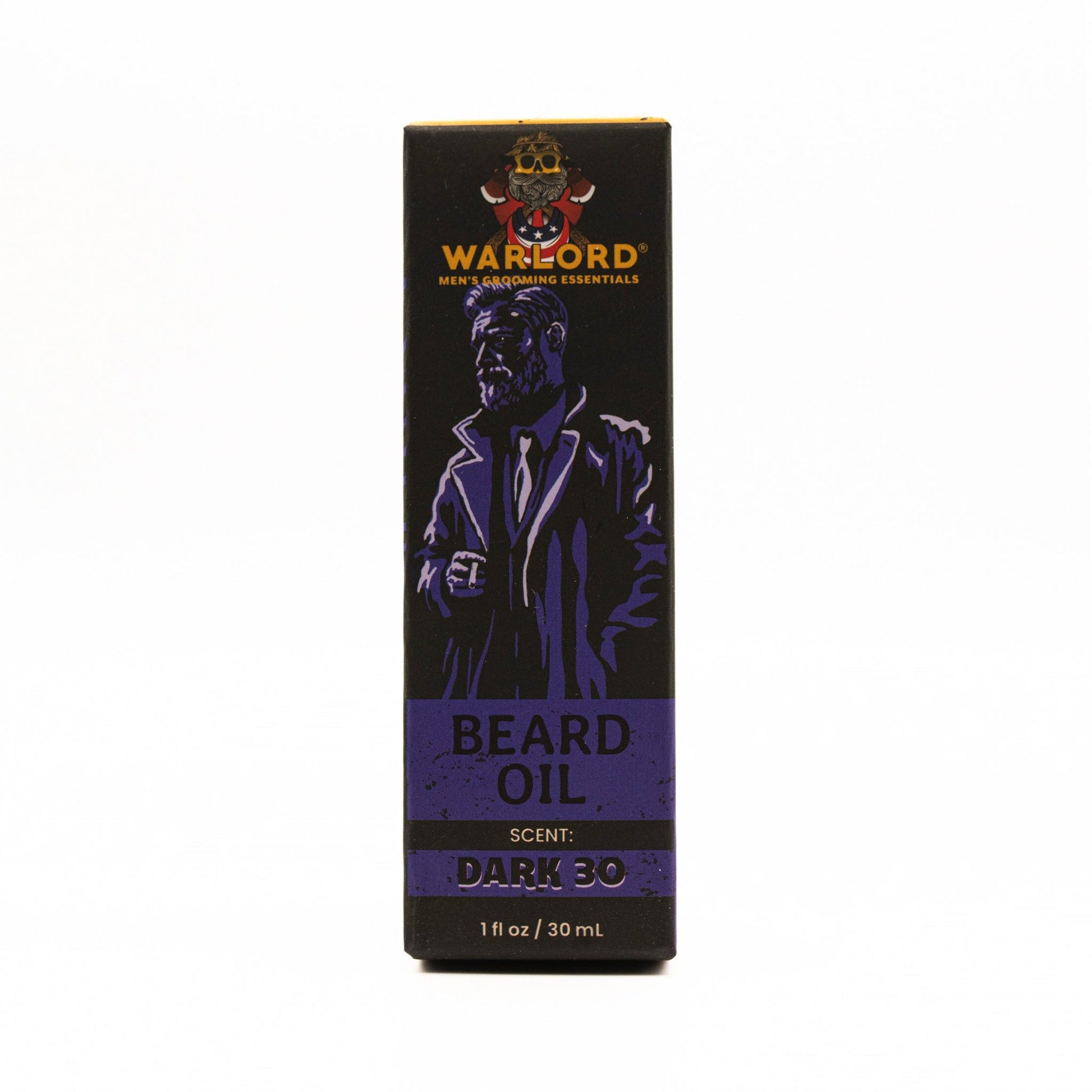 Warlord natural Dark 30 beard oil box – natural beard oil packaging for men’s grooming, premium masculine scent.