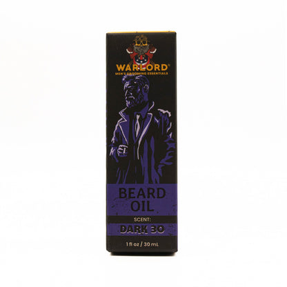 Warlord natural Dark 30 beard oil box – natural beard oil packaging for men’s grooming, premium masculine scent.