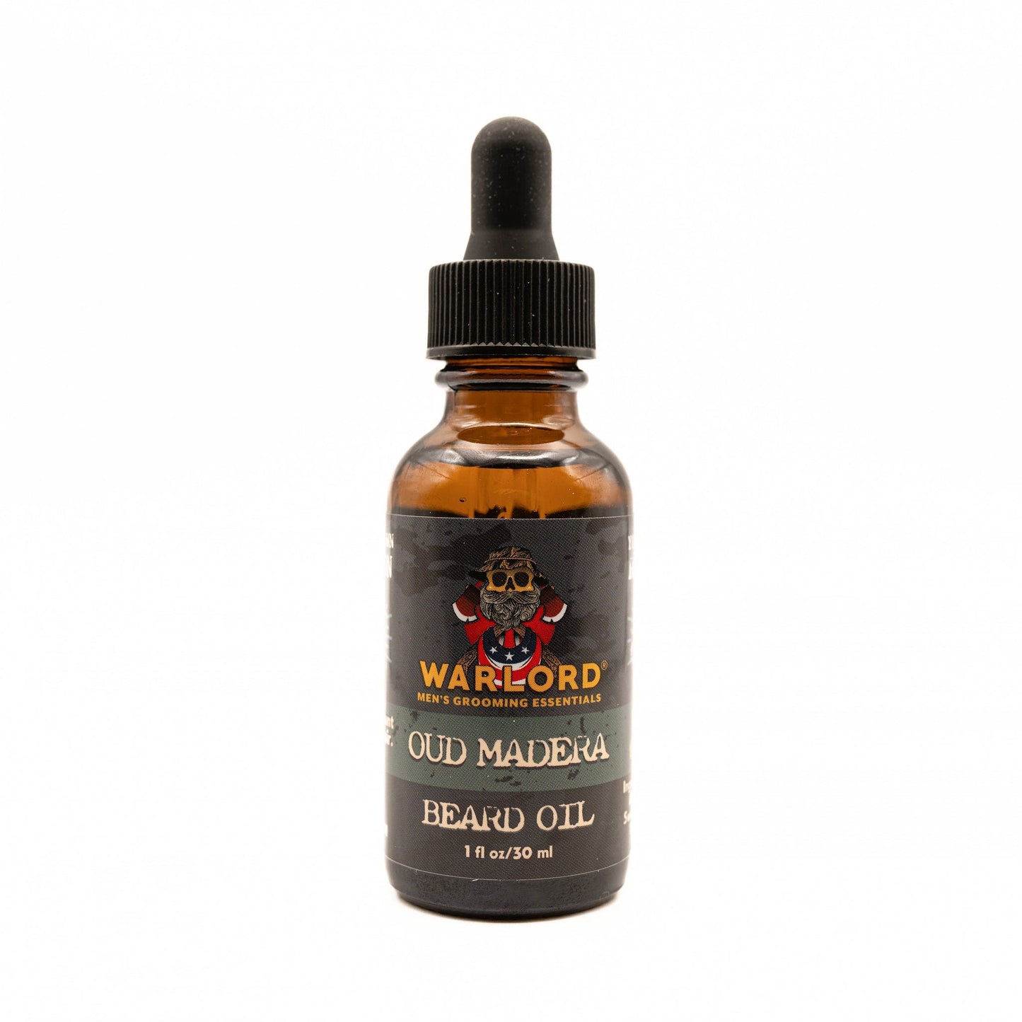 Warlord natural Oud Madera beard oil bottle – premium natural beard oil for men, masculine oud scent, classic grooming.