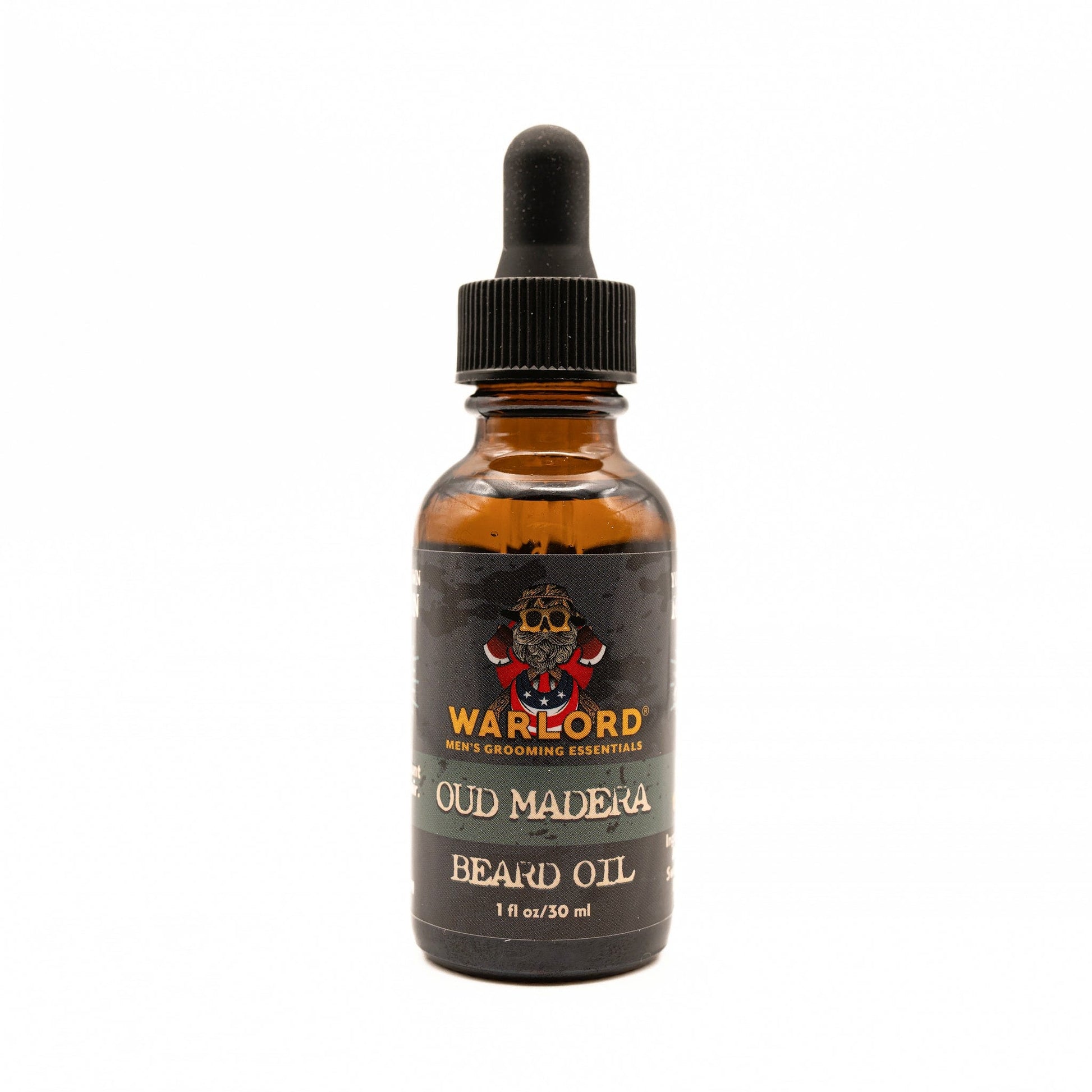Warlord natural Oud Madera beard oil bottle – premium natural beard oil for men, masculine oud scent, classic grooming.