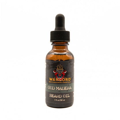 Warlord natural Oud Madera beard oil bottle – premium natural beard oil for men, masculine oud scent, classic grooming.