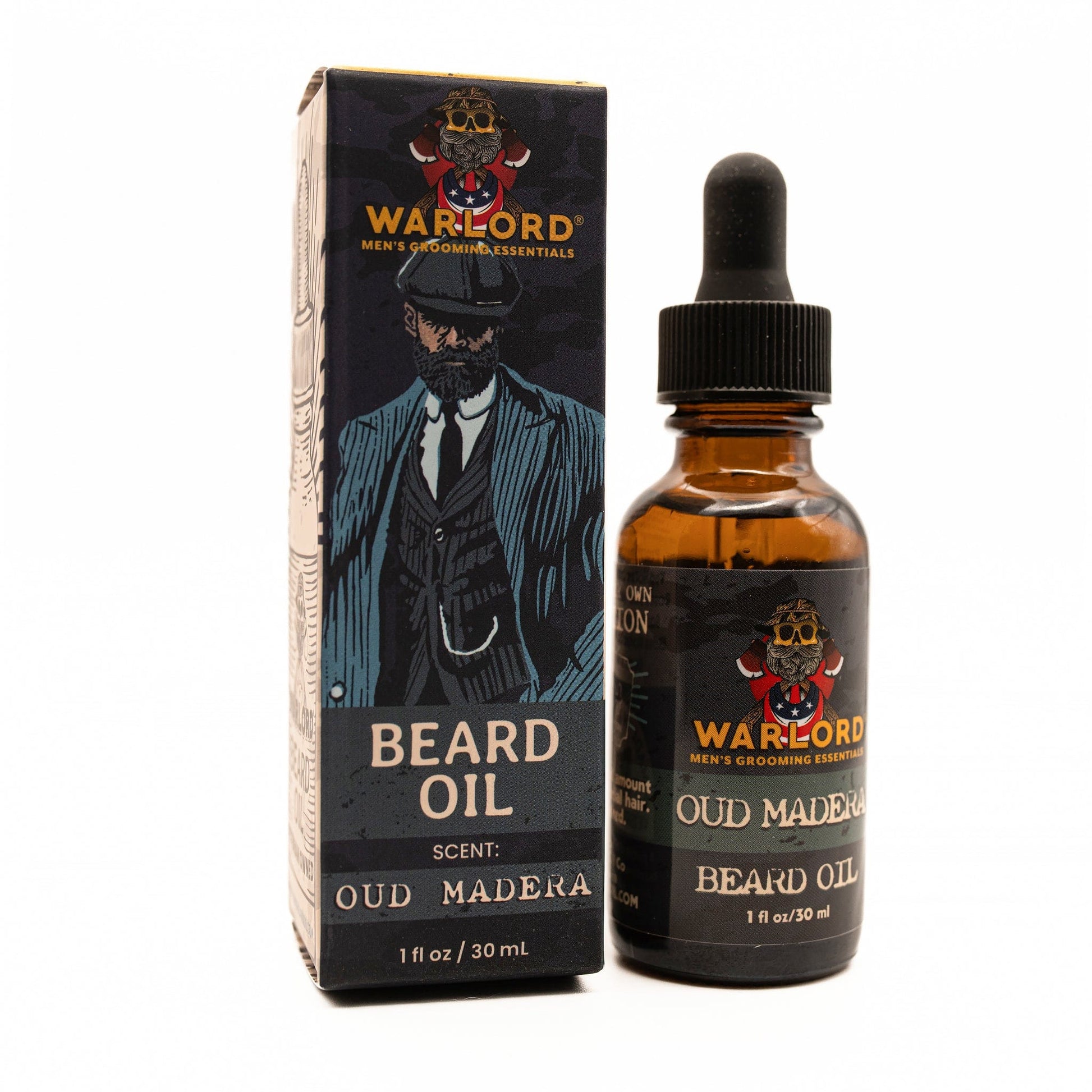 Warlord natural Oud Madera beard oil box and bottle – natural beard oil for men’s grooming, premium conditioning, masculine oud fragrance.