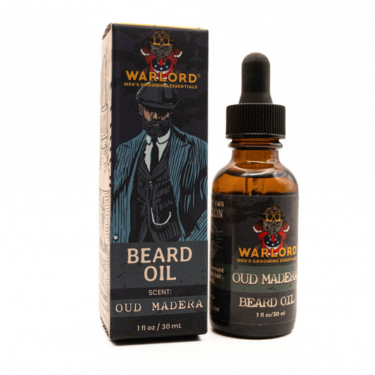 Warlord natural Oud Madera beard oil box and bottle – natural beard oil for men’s grooming, premium conditioning, masculine oud fragrance.