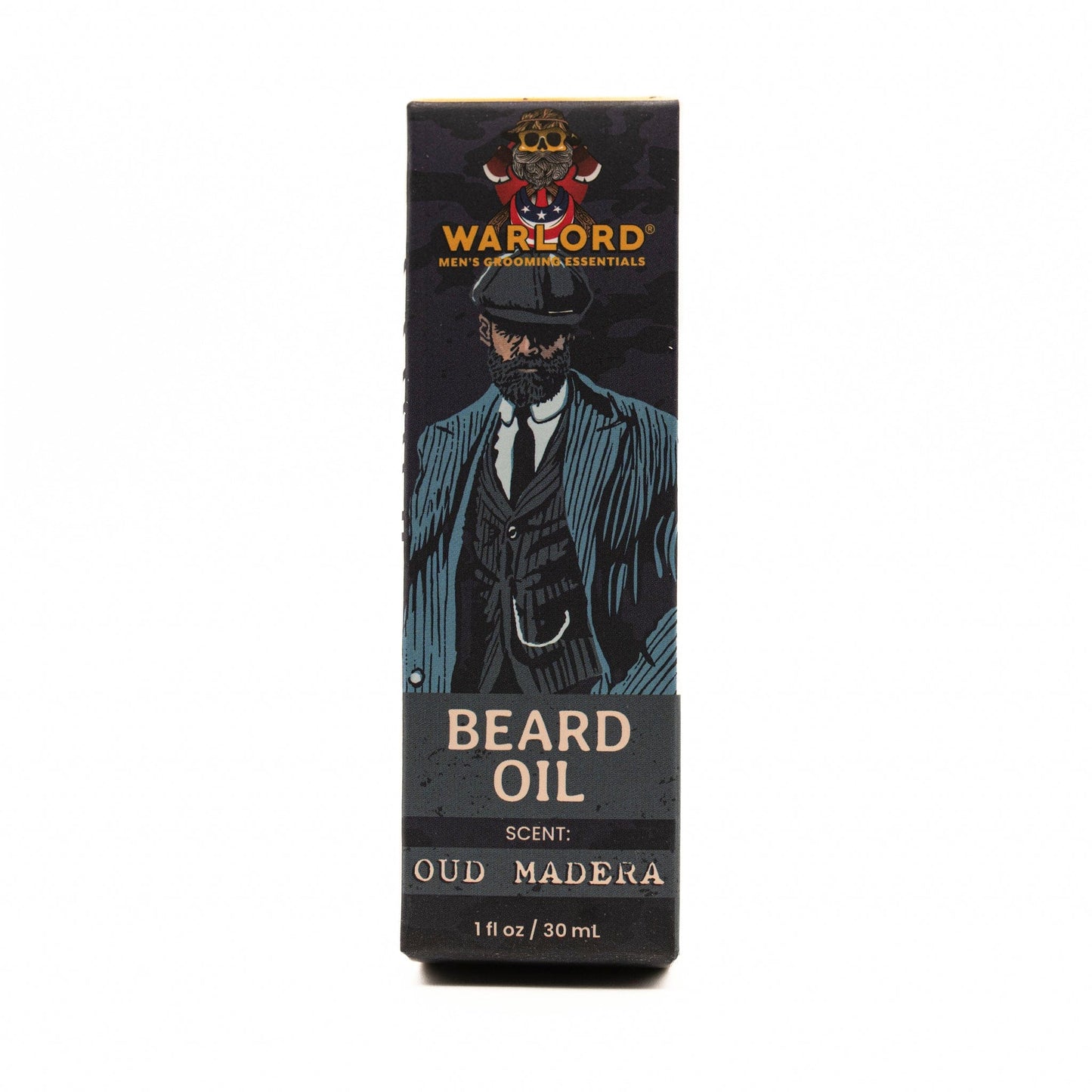 Warlord natural Oud Madera beard oil box – natural beard oil packaging for men’s grooming essentials, oud fragrance.