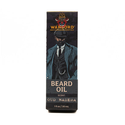 Warlord natural Oud Madera beard oil box – natural beard oil packaging for men’s grooming essentials, oud fragrance.