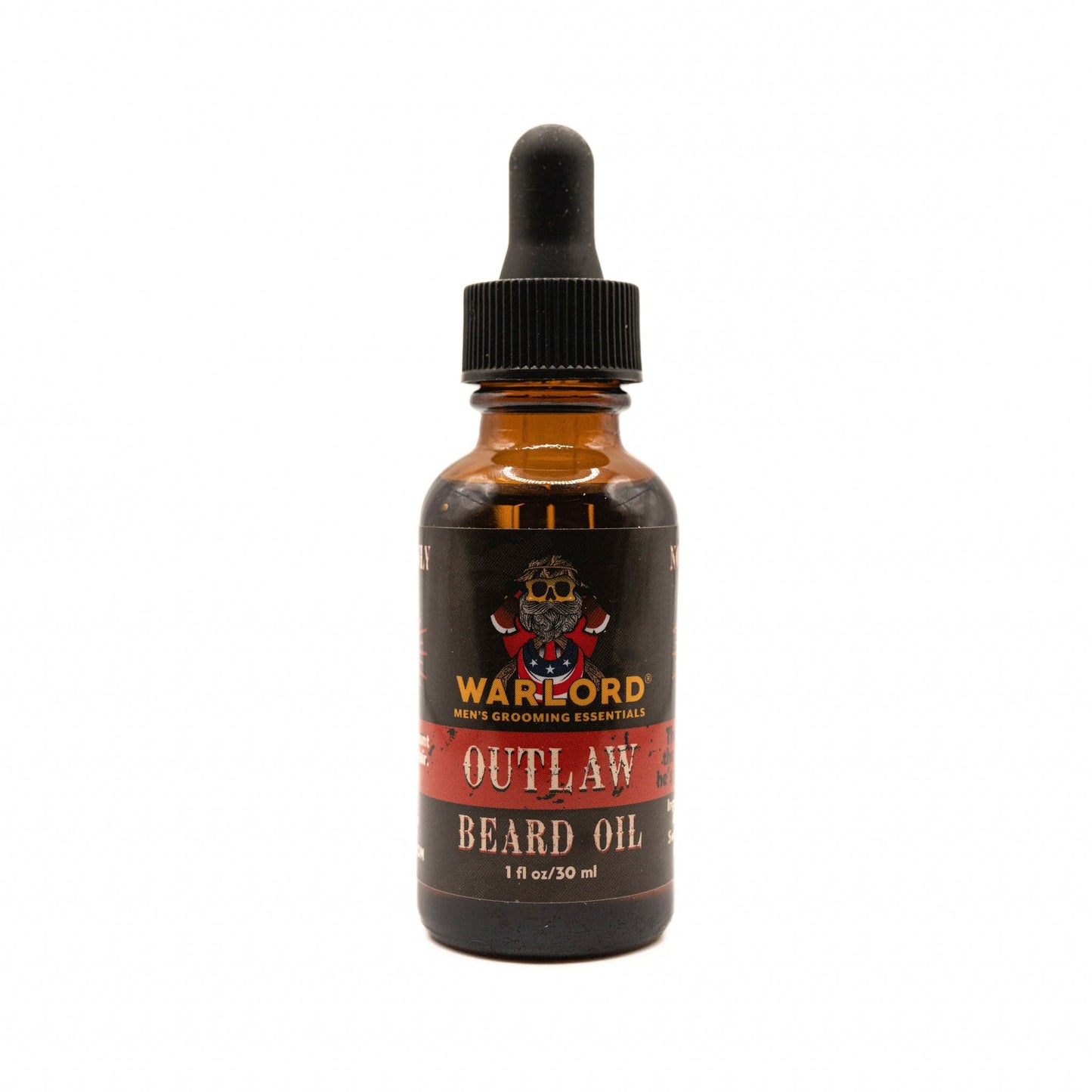 Warlord natural Outlaw beard oil bottle – natural beard oil for men, rugged masculine grooming, bold scent.
