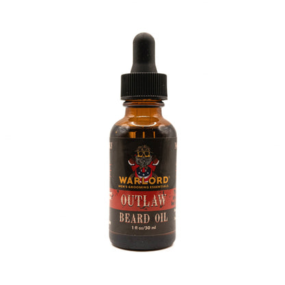 Warlord natural Outlaw beard oil bottle – natural beard oil for men, rugged masculine grooming, bold scent.