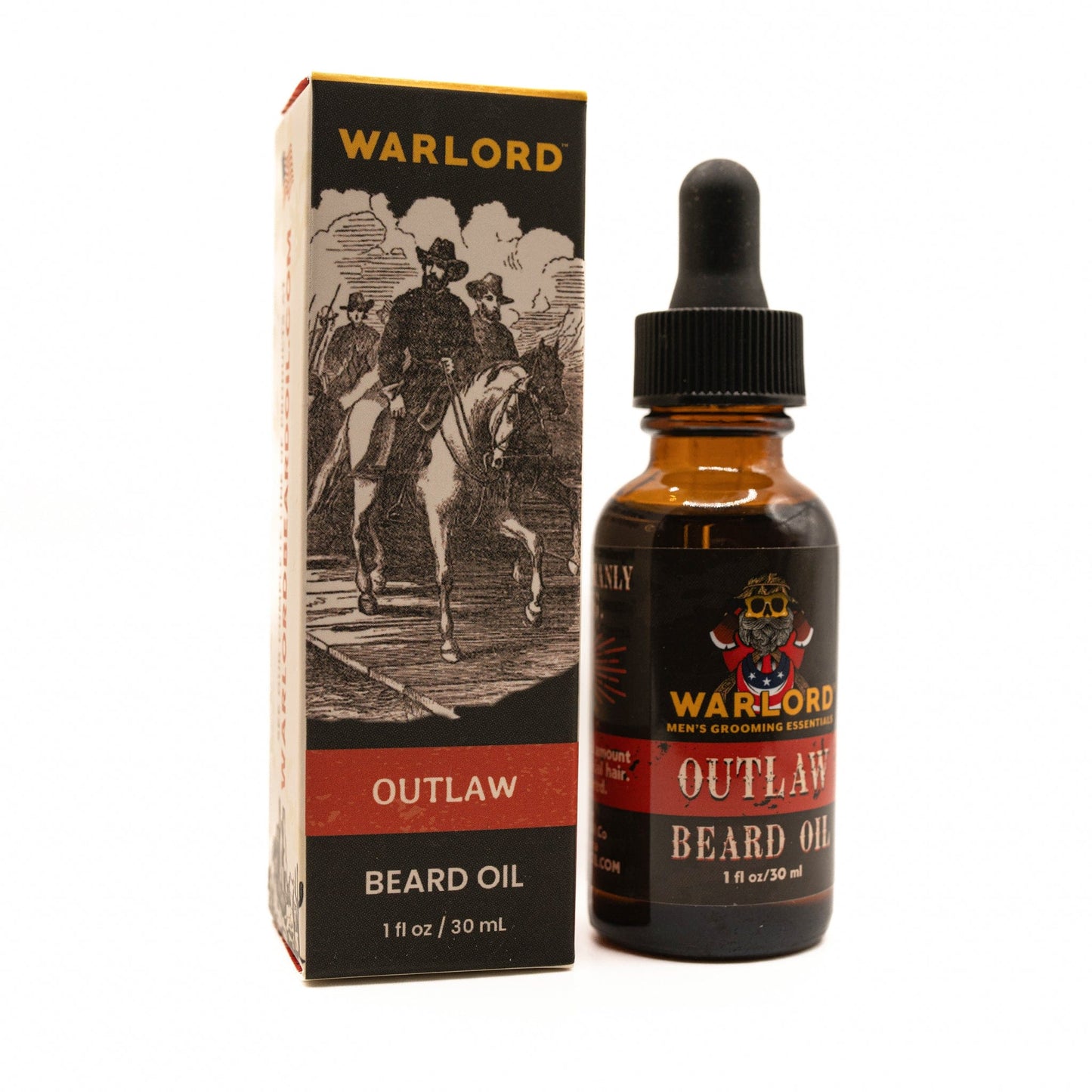 Warlord natural Outlaw beard oil box and bottle – natural beard oil for men’s grooming, rugged conditioning, masculine Western style.