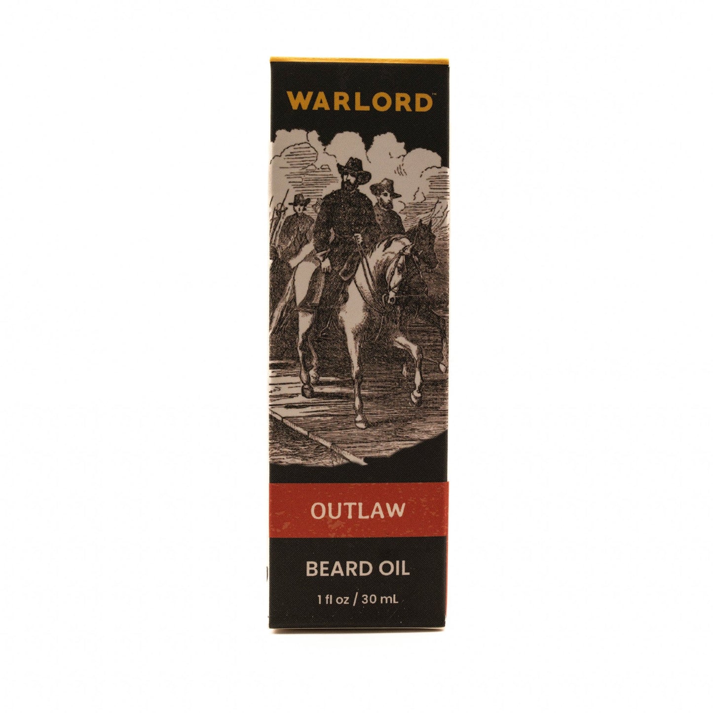 Warlord natural Outlaw beard oil box – premium natural beard oil packaging for men’s grooming, bold Western-inspired style.